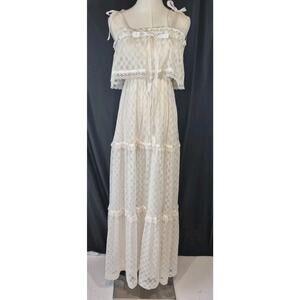 Vintage 70s Lace Jennifer Tafetta Ivory Maxi Dress Small